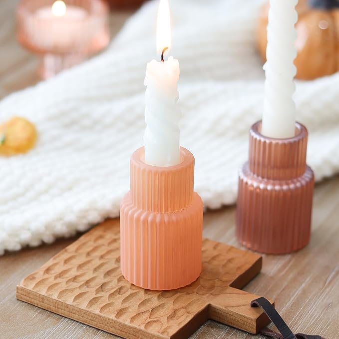 Pink Candlestick Holders 12PCS Ribbed Glass Taper Candle Holders Set for Tealight Candlestick Candles, Table Centerpieces for Weddings Christmas Home Decor Indoor and Outdoor