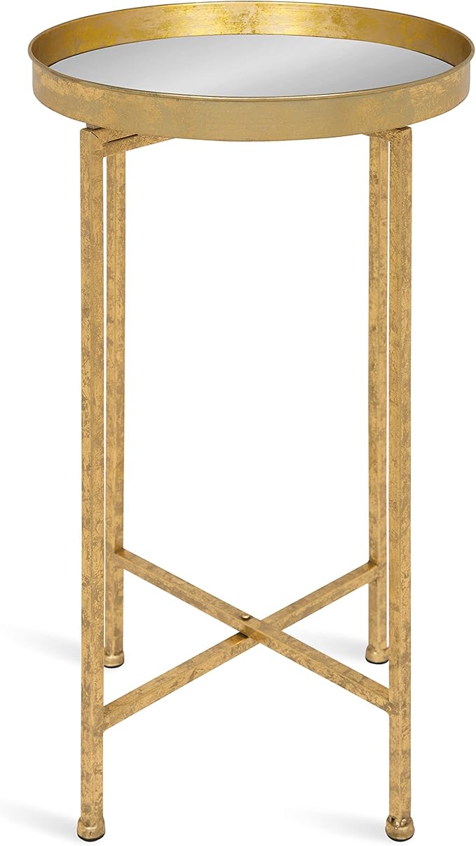 Kate and Laurel Celia Round Metal Foldable Accent Table with Mirror Tray Top, Gold