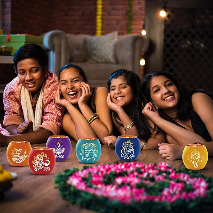 VIHOSE 6 Set Diwali Tealight Candle Holders Diwali Decorations for Home Glass Tea Light LED Battery Operated Candles Flameless Lights for Indian Table Centerpiece Party Decor Gifts