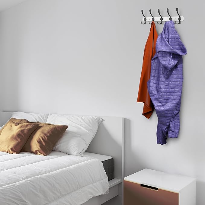 Coat Rack Wall Mount with 5 Tri Hooks, Stainless Steel 16 Inch – White & Black Matte Finish, Heavy Duty Wall Mounted Hook Rack for Coats, Hats, Towels, Scarves, Robes, Bags, Entryway & Bathroom