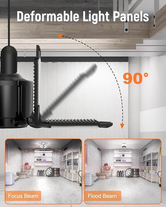 Adiding LED Garage Ceiling Light w/ 6 Deformable Panels Basement Lighting, 6 Pack, Screw into E26 E27 Bulb Socket, Beyond Bright 6000Lm High Lumen, Shop, Shed, Gym, Attic, Utility, Daylight 6500K