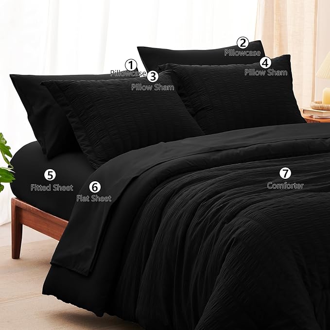 CozyLux Full Size Comforter Sets with Sheets Seersucker 7 Pieces Black Bed in a Bag Textured Luxury Soft Bedding Set with Down Alternative Comforter, Sheets, Pillowcases & Shams for All Seasons