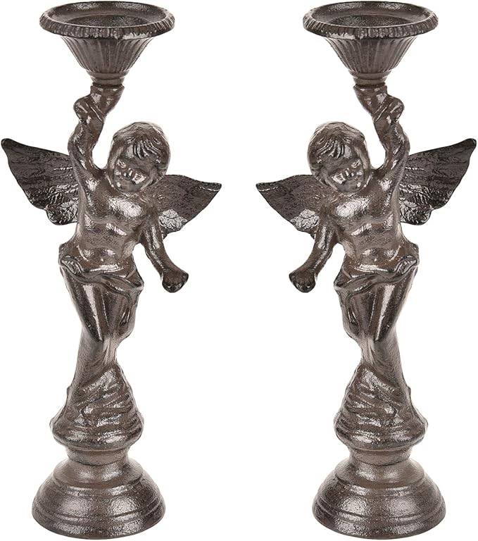 Sungmor Set of 2 Cast Iron Angel Candle Holders, 13.7" Tall Heavy-duty Solid Cherub Candlestick Holders, Vintage EU Style Statue Pillar Column Candle Stands for Wall Shelf Table Center Fireplace Decor