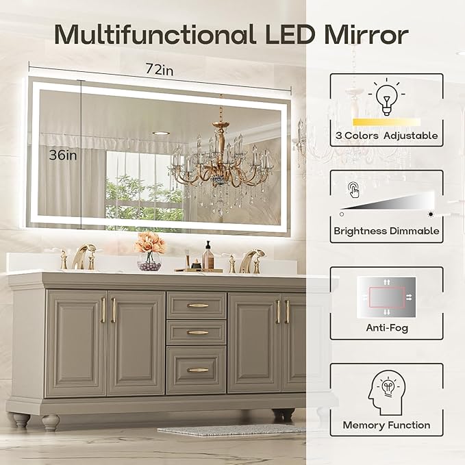 USHOWER LED Bathroom Mirror 72x36 Inch Over Sink - Frameless Tempered Glass LED Backlit Lighted Mirror for Bathroom Vanity with Anti-Fog, 3 Colors Dimmable, Memory Function, Wall-Mounted