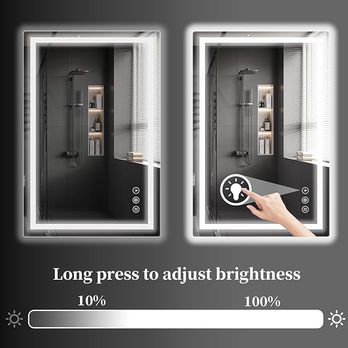 Koonmi 32x24 LED Bathroom Mirror, Backlit + Front Lit, LED Bathroom Mirror with Lights for Wall, 3 Colors, Anti-Fog, Dimmable Brightness, Memory Function, Tempered Glass