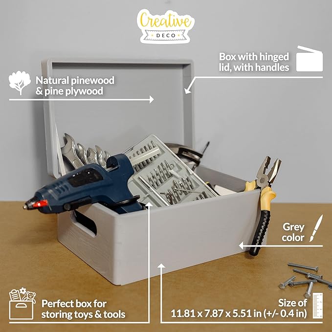 Large Grey Wooden Box Storage with Hinged Lid | 11.8 x 7.87 x 5.51 inches (+-0.5) | with Handles | Gift Box Storage | Product NOT Intended for 15 Years OR Below