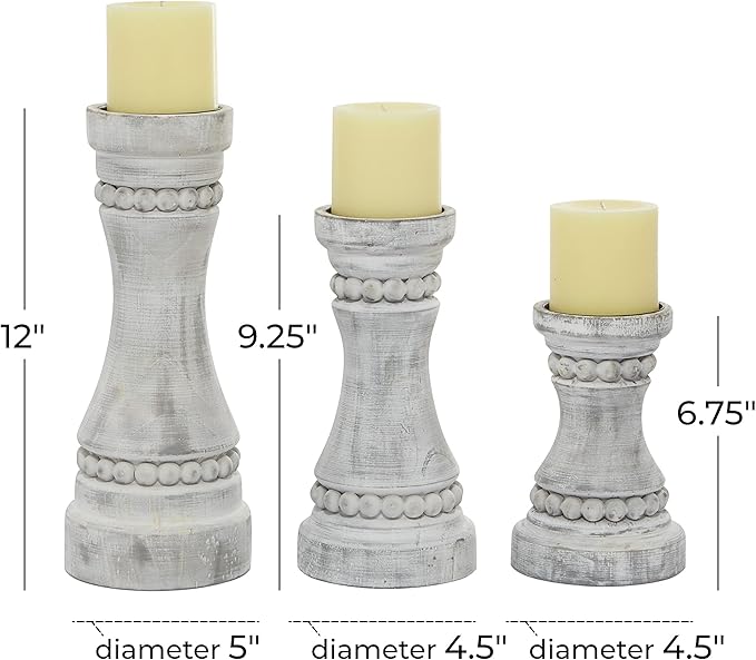 Deco 79 Wood Solid Candle Holder, Set of 3 12", 9", 7"H, Gray