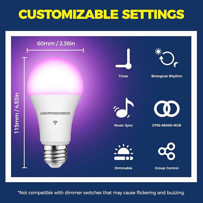 Lightinginside Smart Light Bulbs 100W Equiv., 1350LM 11W Smart Bulb Works with Alexa/Google Home/Smart Life, A19 E26 RGBCW Color Changing, No Hub Required, 2.4G WiFi Bluetooth Bulb, ETL Listed, 6PCS