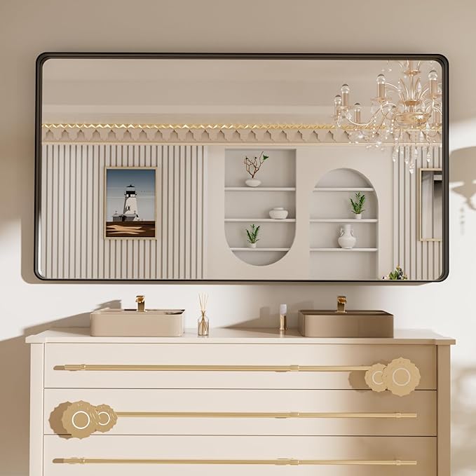 LOAAO 72X40 Inch Black Metal Framed Bathroom Mirror for Wall, Matte Black Bathroom Vanity Mirror Farmhouse, Large Rounded Rectangle Mirror, Anti-Rust, Tempered Glass, Hangs Horizontally or Vertically