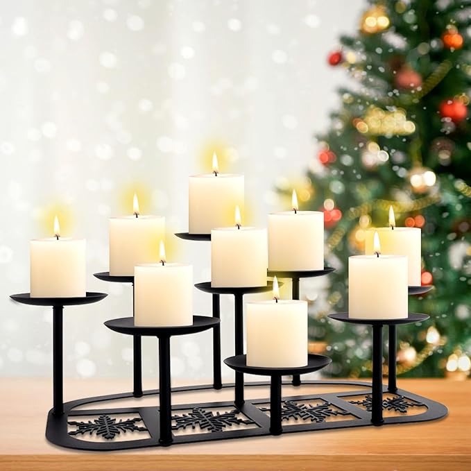 Fireplace Candelabra Candle Holder Matte Black Metal Candleholder with 9 Candle Stands Mantle Decor for Flameless or Wax Pillar Candle Floor Table Centrepiece Christmas Wedding Party Decoration