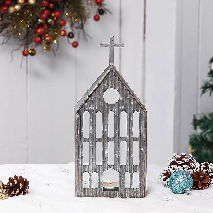 Church Shaped Tea Light Candle Holder Farmhouse Galvanized Metal Candle Holder Vintage Decorative Tealight Holder for Table Centerpiece Decoration - 4.53" x 1.97" x 10.43"