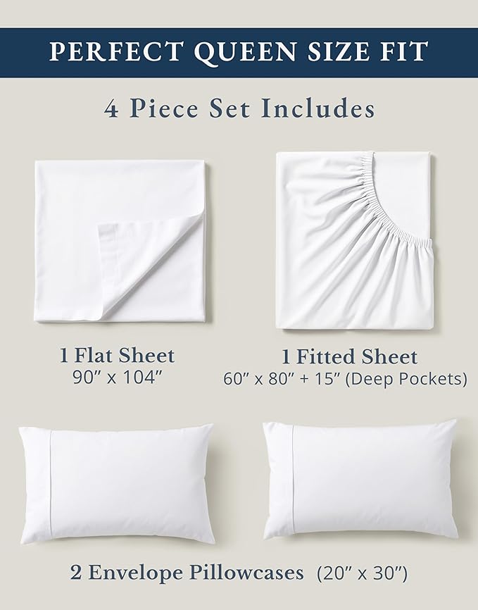 LANE LINEN Eco Friendly 100% Organic Cotton Queen Sheet Set, Soft & Comfy Fully Elasticized 15" Deep Pocket Bed Sheets, Low Pill Naturally Cooling Machine Wash Sábanas Queen- White Bed Sheets