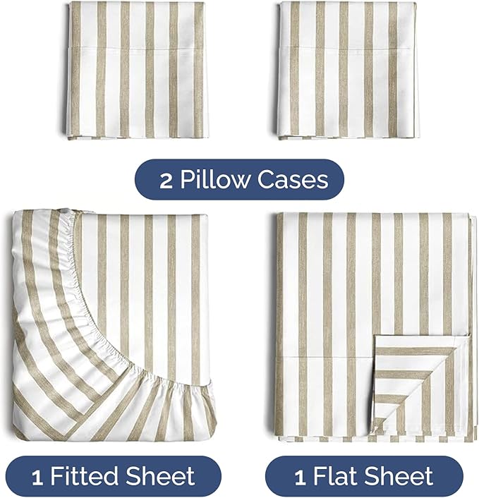 Twin XL 4 Piece Sheet Set - Comfy Breathable & Cooling - Soft Hotel Luxury Bedding Set w/ 8-16 Inch Deep Pockets - 1 Flat & 1 Fitted Sheet & 2 Pillowcases - Wrinkle Free & Easy Care - Beige Stripes 2