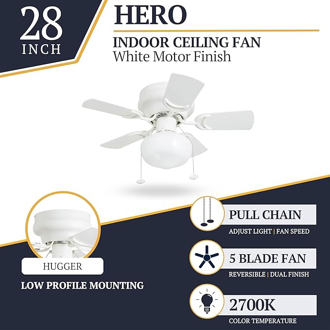Prominence Home Hero, 28 Inch Traditional Flush Mount Indoor LED Ceiling Fan with Light, Pull Chain, Dual Finish Blades, Reversible Motor - 41530-01 (White)