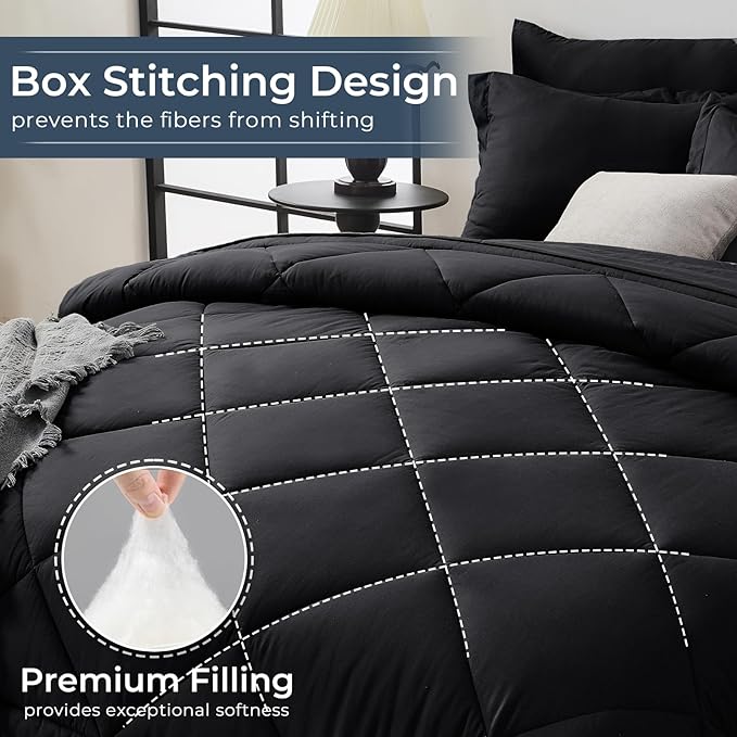 HEVUMYI Black Full Comforter Set - 7-Piece All Season Bed in a Bag Full, Ultra Soft Bedding Set with Comforter, Flat Sheet, Fitted Sheet, Pillowcases, Pillow Shams, Black