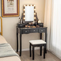 CHARMAID Vanity Desk with Mirror and Lights, Makeup Vanity Table with 5 Storage Drawers, 3 Color Lighting Modes, Adjustable Brightness, Modern Bedroom Dressing Table with Vanity Stool, Black