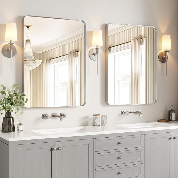 USHOWER Brushed Nickel Bathroom Mirrors 24"x36" 2 Pack, Silver Rectangle Mirrors for Over Sink, Rounded Corner, Aluminum Frame, Anti-Rust, Tempered Glass, Horizontal or Vertical Mounted
