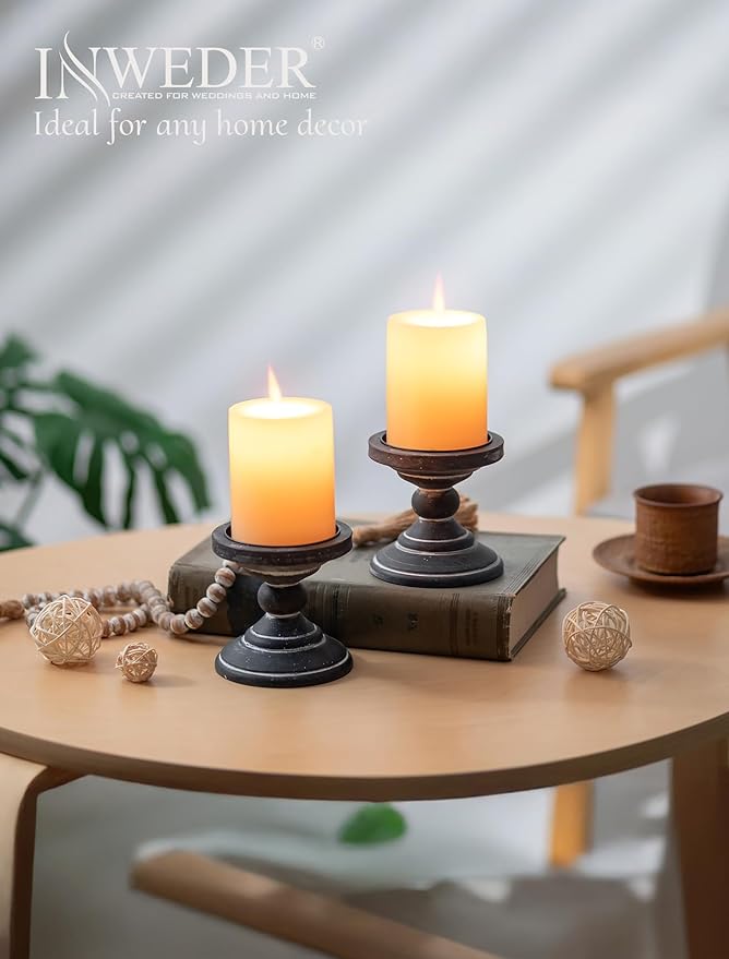 Wood Pillar Candle Holder: 2Pcs Rustic Black Candle Holders for Pillar Candles Wood Candle Holders Distressed Wooden Farmhouse Candle Holder Large Rustic Candle Holder for Fireplace Table