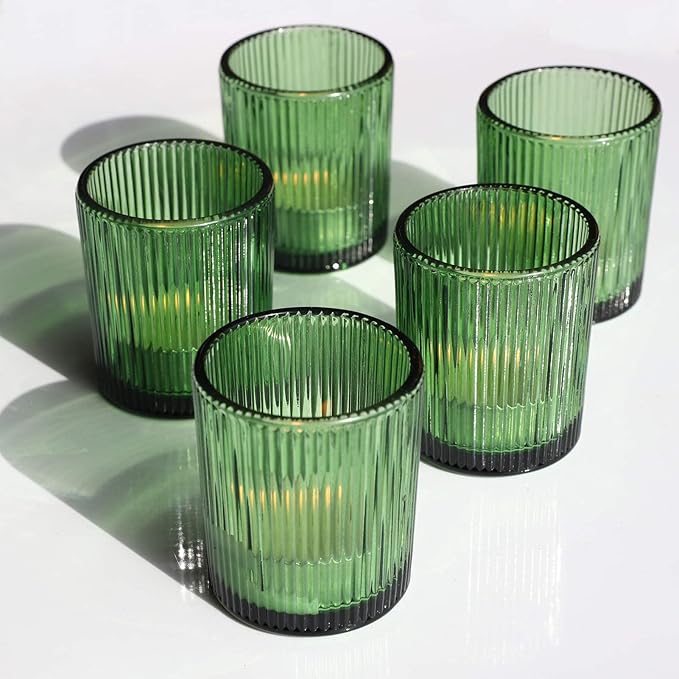 VOHO 12pcs Candle Holder Ribbed Glass, Green Votive Candle Holders for Wedding Party Table Centerpieces, Glass Tealight Candle Holder for Birthday Gift(2.1'' x 2.6'', Green)
