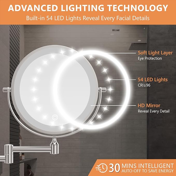 Auxmir 1X/30X Wall Mounted Makeup Mirror with Light, 8" Rechargeable Double-Sided Magnifying Mirror, Vanity Mirror Dimmable 3 Color Light, 360° Extension Rotation Foldable 14.5 Inch Arm, Chrome
