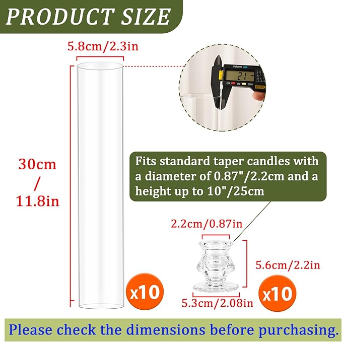 Hurricane Glass Candle Holders, Set of 10 Candlestick Holders for Taper Candle with 11.8" Tall Windproof Cylinder Covers Candle Stand Bulk for Table Centerpieces on Wedding Birthday Housewarming Decor