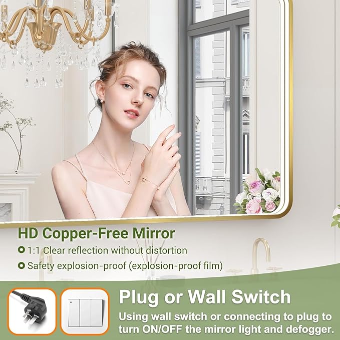 LED Bathroom Mirror with Lights, 40x28 Inch Gold Metal Framed LED Mirror for Bathroom, 3 Colors and Stepless Dimmable Wall Mounted Lighted Bathroom Vanity Mirror, Anti-Fog, Memory
