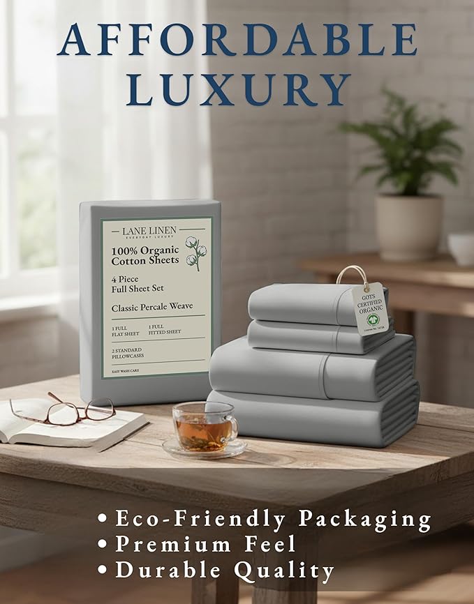 LANE LINEN 100% Organic Cotton Eco Friendly Full Size Sheet & Pillowcase Sets, 15" Deep Pocket Fully Elasticized Soft & Comfy Percale Bedding, Naturally Temperature Regulating Sheets Full- Silver