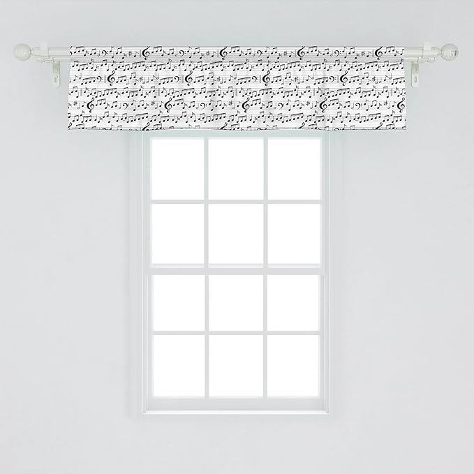 Ambesonne Music Window Valance Pack of 2, Abstract Style Professional Pattern Notes and Clef Sheet Play Writing Print, Rod Pocket Curtain Valances for Kitchen Bedroom, 42" X 12", Black White