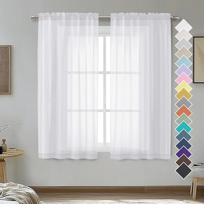 OVZME 2 Panels Sheer White Curtains 54 Inches Length Window Treatment for Kitchen, Elegant Airy Transparent Curtain Draperies Rod Pocket for Kids Living Room, Each 42 Width 54 Length