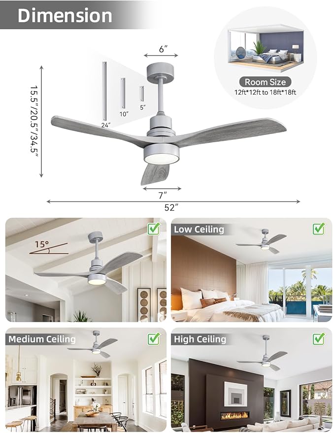 Sofucor Low Profile Ceiling Fan with Lights Remote Control 52 Inch Flush Mount Ceiling Fan Modern Wood Blade Fan for Bedroom Living Room Indoor Outdoor Farmhouse Patio, Noiseless DC Motor