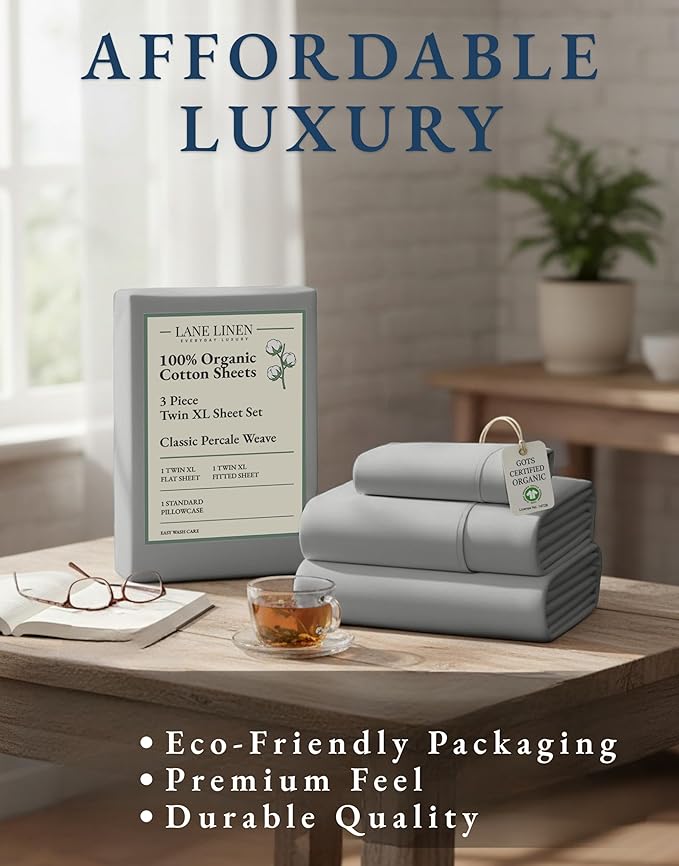 LANE LINEN Twin XL Bed Sheets Set - 100% Mercerized Organic Cotton Twin XL Sheets Set, Soft & Comfy Percale Weave, Machine wash Low Pilling Fade Resistant Luxury Hotel Style Twin XL Sheet Set - Silver