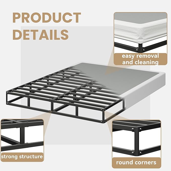 Box Spring King Size, 7 Inch Low Profile Metal Frame Mattress Foundation, 3000 lbs Heavy Duty Boxspring with Fabric Cover, Easy Assembly, Noise Free, Non-Slip