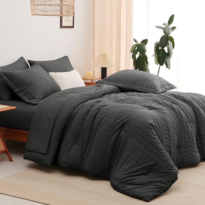 CozyLux King Size Comforter Set Dark Grey Seersucker 7 Pieces Bed in a Bag King Comforter Set with Sheets, Luxury Bedding Set with Down Alternative Comforter, Sheets, Pillowcases & Shams All Seasons