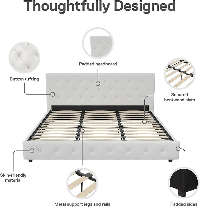 DHP Dakota Upholstered Platform Bed with Diamond Button Tufted Headboard and Footboard, No Box Spring Needed, King, White Faux Leather