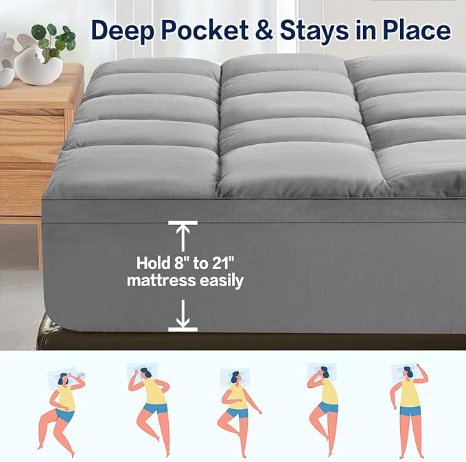 SOPAT Mattress Topper Cal King Size Extra Thick Mattress Pad 8-21" Deep Pocket Soft Down Alternative Fill Mattress Protector Pillow Top Mattress Cover (72x84 Inches, Grey)