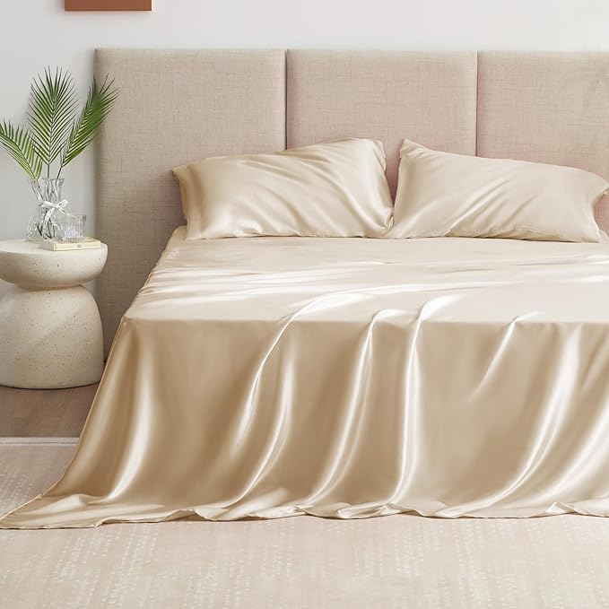 Love's cabin Satin Queen Sheets Set - 4 Piece Beige Silky Bed Sheets Set with Deep Pocket, Luxury Silk Feel Satin Queen Size Sheet Set (1 Flat Sheet,1 Fitted Sheet,2 Pillow Cases)