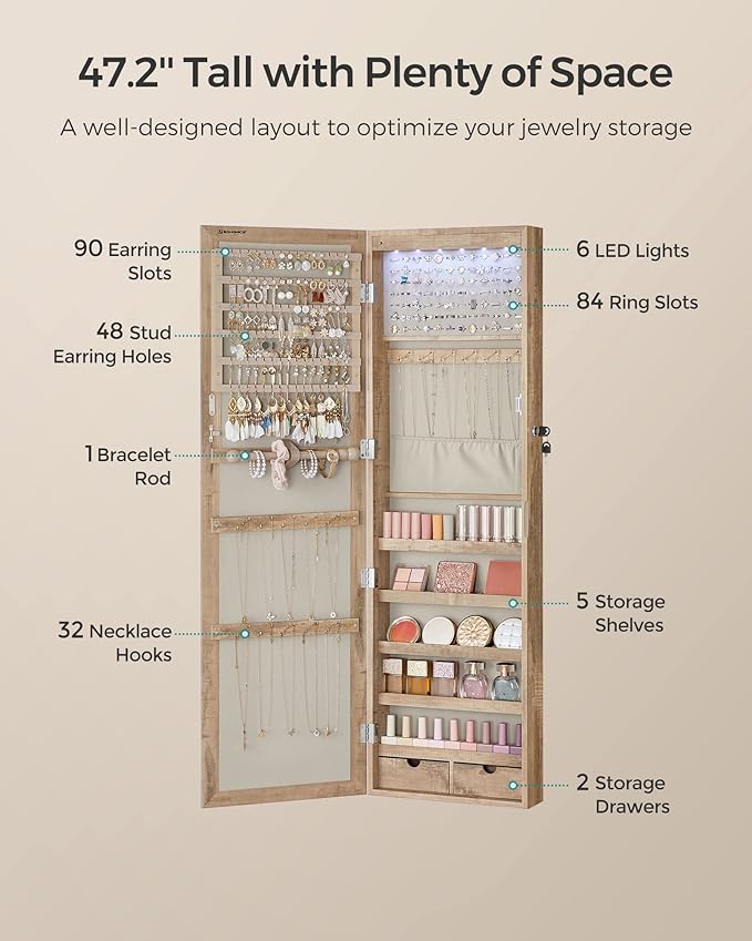 SONGMICS 6 LEDs Mirror Jewelry Cabinet, 47.2-Inch Tall Lockable Wall or Door Mounted Jewelry Armoire Organizer with Mirror, 2 Drawers, Christmas Gift, 3.9 x 14.6 x 47.2 Inches, Toasted Oak Color