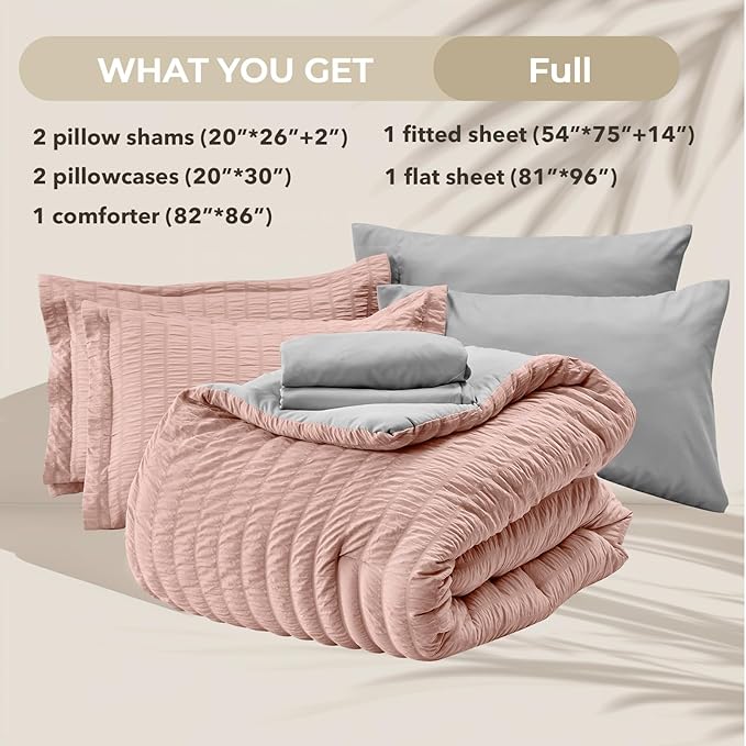 HYMOKEGE Rose Gold/Light Grey Full Size Comforter Sets Seersucker 7 Pieces, All Season Luxury Bed in a Bag for Bedroom, Bedding Set with Comforter, Sheets, Pillowcases & Shams