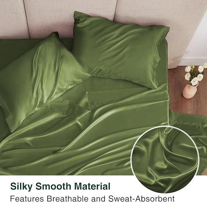 Love's cabin California King Satin Sheet Sets - 4 Piece Sage Silky Sheets Bed Set with Deep Pocket, Luxury Silk Feel Satin Cal King Sheet Set (1 Flat Sheet,1 Fitted Sheet,2 Pillow Cases)