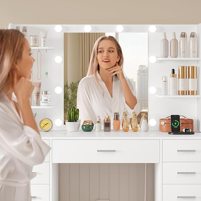 Quimoo 47.2" Large Vanity Desk with Mirror and Lights, Makeup Vanity with 11 Drawers & 6 Open Shelves, 3 Color Modes & Adjustable Brightness, White Vanity for Girls