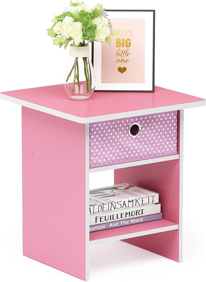Furinno Dario End Table / Side Table / Night Stand / Bedside Table with Bin Drawer, 2-Pack, Pink/Light Pink
