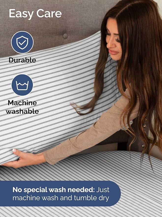 Extra Deep Split King Sheet Set - 7 Piece Breathable & Cooling Sheets - Hotel Luxury Bed Sheets Set - Easy Fit - Soft, Wrinkle Free & Comfy Sheets Set - Grey Striped Sheet Set w/Extra Deep Pockets