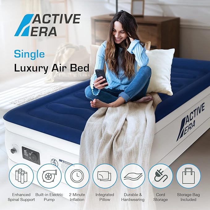 Active Era 21" Twin Air Mattress with Built-in Pump & Raised Pillow - Heavy Duty Puncture Resistant, Waterproof Blow Up Bed