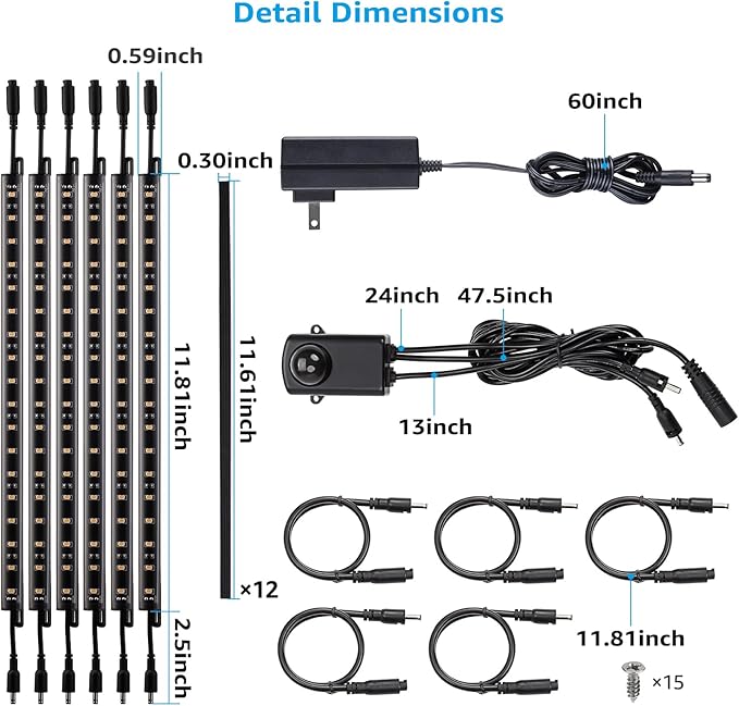 TORCHSTAR LED Safe Lighting Kit, (6) 12 Inch Linkable Light Bars + Motion Sensor + UL Power Adapter, 900LM, Input 100-240V, for Under Cabinet Gun Safe Locker Closet Showcase, 5000K Daylight