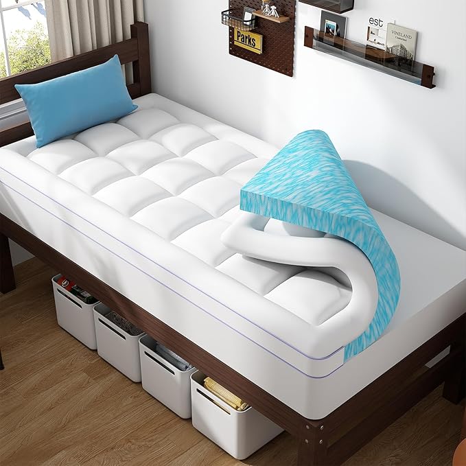 ABENE Twin XL Dual Layer 3 Inch Memory Foam Mattress Topper for College Dorm Room, 2 Inch Memory Foam Plus 1 Inch Soft Extra Long Pillowtop Mattress Pad Cover, Thick Bed Topper for Back Pain