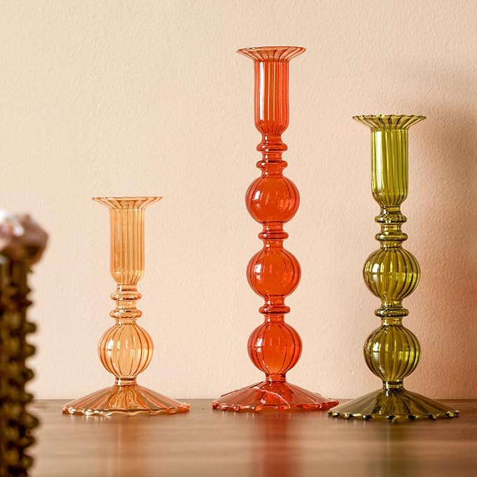 Mumufy 3 Pcs Thanksgiving Glass Candlestick Holders Thanksgiving Ball Shaped Glass Taper Candle Holder Amber Olive Honey Gold Fall Candle Stick Vase Decor for Holiday(5.9, 7.9, 10 inch,Vivid)
