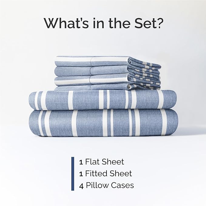 King 6 Piece Sheet Set - Comfy Breathable & Cooling - Soft Hotel Luxury Bedding Set with 8-16 Inch Deep Pockets - 1 Flat & 1 Fitted Sheet & 4 Pillowcases - Wrinkle Free & Easy Care - Blue Stripes 3