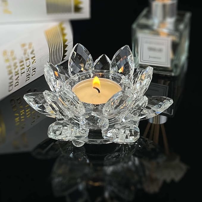 Crystal Lotus Flower Tealight Candle Holders/Glass Tea Light Candlestick Decor Decoration for Christmas Home Wedding Party… (Clean 1pc)