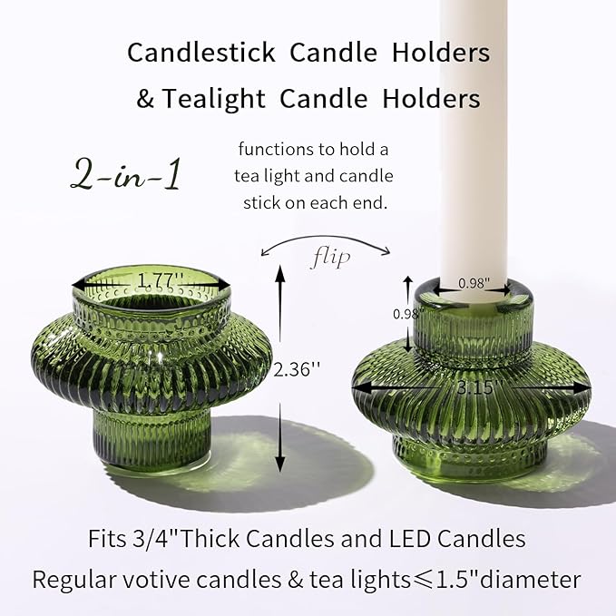 Green Taper Candle Holders Set of 10 for Taper Candles/Tea Lights, Ribbed Glass Candlestick Holders for Boho Wedding Table, Vintage Candle Sticks Holder Decor Home Decor