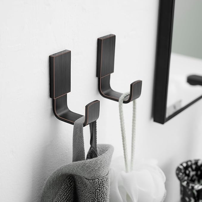 BESy Brass Clothes Hook Single Towel Hook for Bathroom Kitchen Garage Square Style Robe Hooks Coat and Hat Hook, Self Adhesive with Glue or Wall Mounted with Screws, Two Packs, Oil Rubbed Bronze